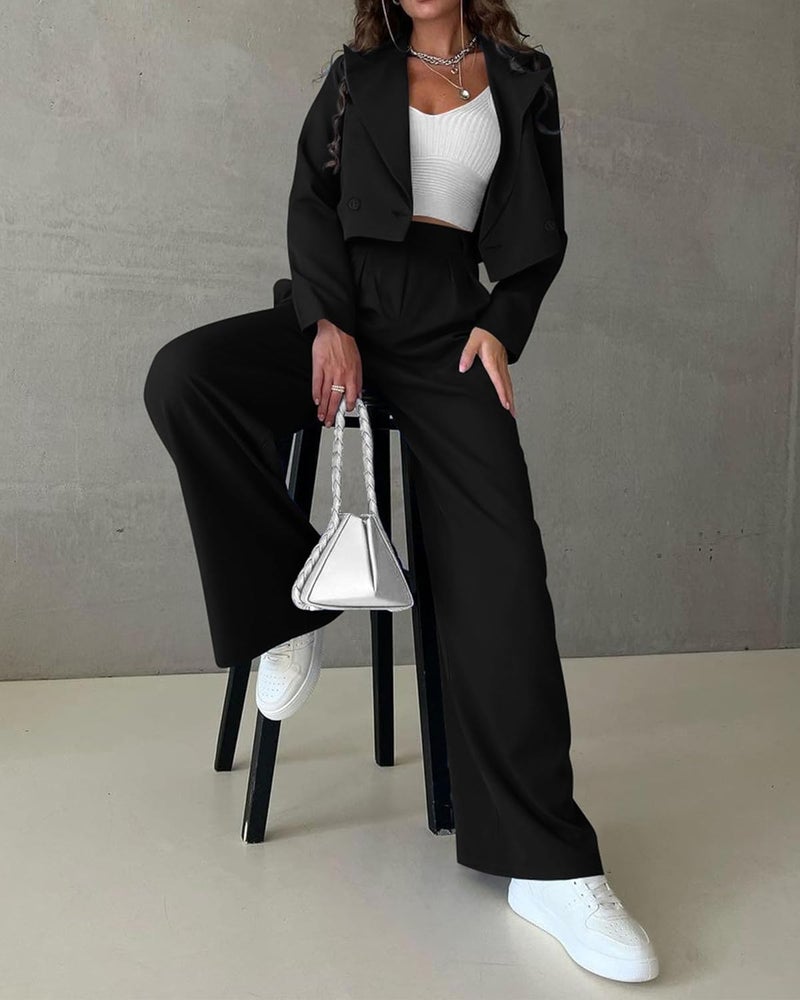 KIRUNDO Business Casual Outfits for Women 2025 Fall 2 Piece Cropped Blazer Jackets Wide Leg Pants Suit Sets Work Clothes - Image 1